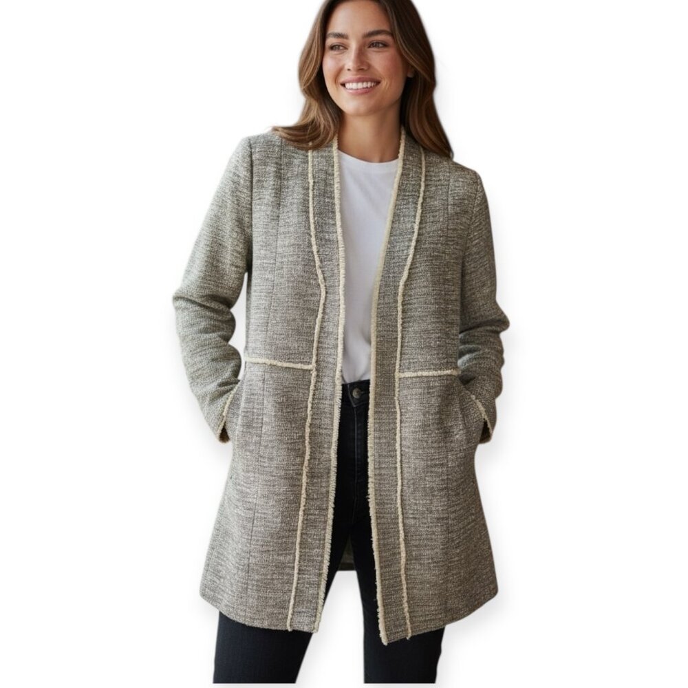 H&M Women's Long Tweed Jacket US 12 Gray Snap Raw Trim Lined Boucle Blazer